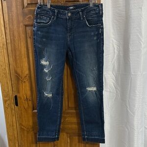 Silver Jeans Sam Dark Blue Distressed Cropped Jeans